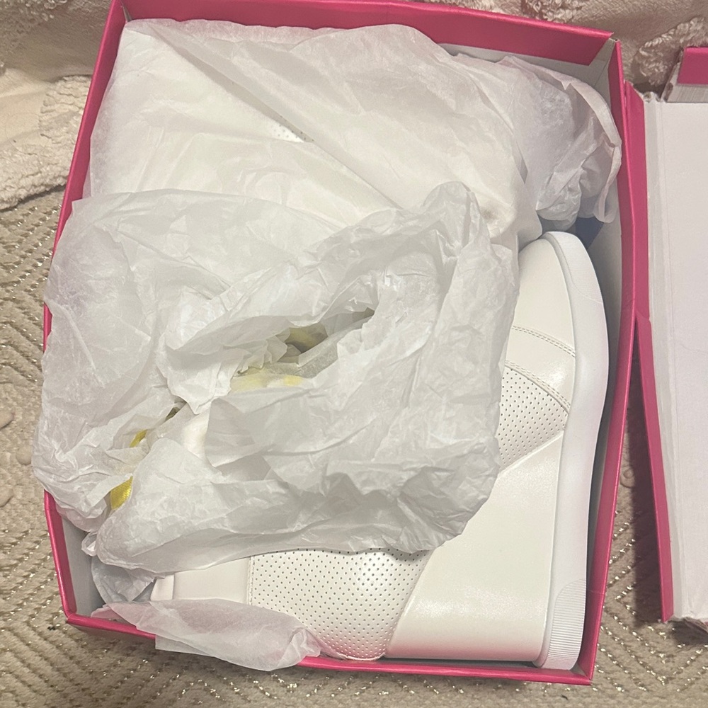Shoe Dazzle White Wedge Sneakers with Yellow Laces - Picture 5 of 6